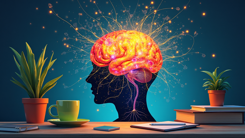 An abstract colorful representation of a brain with light rays and networks of neurons, surrounded by objects like books, a cup of green tea, plants, and a notebook.